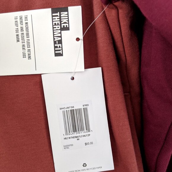 Hurley Nike Thermal Sweatshirt Fleece Lined Cropped Half Zip Maroon White NEW - Picture 6 of 12